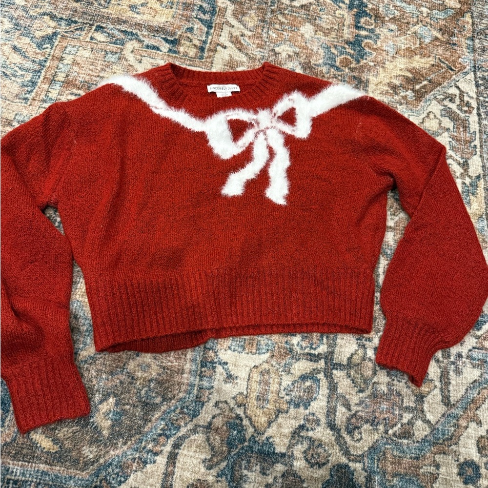 Sincerely Jules Red Sweater with White Bow Accent